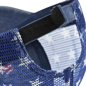 Detail of USA baseball cap showing blue mesh back with stars and adjustable strap