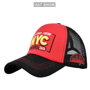 Detail of NYC 3D embroidery on the red crown with breathable black mesh back