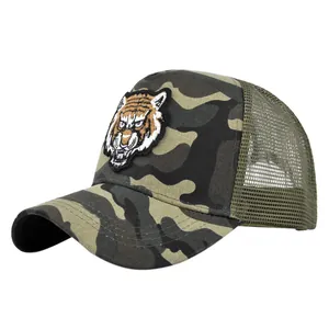 Tiger head embroidery camo trucker hat with green mesh back and curved brim detail