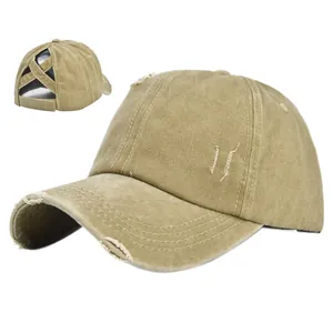 Casquette de baseball vintage kaki pour queue de cheval avec détails usés et dos croisé