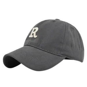 Detailed close-up of white 3D letter R embroidery on a dark grey cotton baseball cap