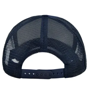 Rear view of deep blue mesh trucker hat showing breathable mesh and adjustable snapback