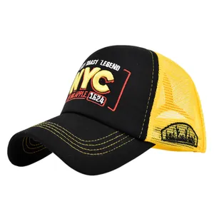 Classic NYC 3D embroidered trucker hat with black fabric and yellow mesh back
