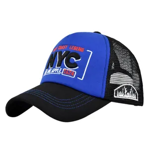 Detail of blue and black NYC trucker hat with mesh back and embroidered city skyline label