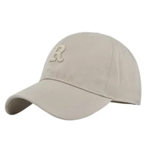 Detailed side view of khaki cotton baseball cap with premium letter R embroidery