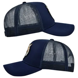 Side view of dark blue trucker hat with tiger embroidery patch and breathable mesh