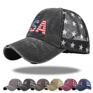 Distressed Washed Cotton Mesh Baseball Cap USA Embroidery American Flag Pattern Adjustable Trucker Hat For Men Women