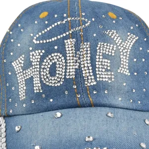 Blue denim baseball cap featuring HONEY rhinestone lettering and yellow stitching detail