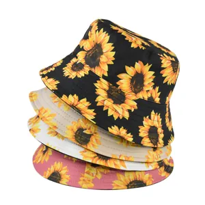 Chapeau Bob Réversible en Coton avec Imprimé Tournesol Protection Solaire Plage Vacances pour Femmes Hommes Délavé Pliable