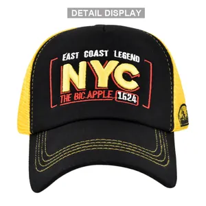 Close-up of NYC 3D embroidery and breathable mesh texture on the trucker baseball cap