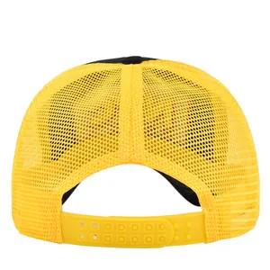 Close-up of yellow trucker hat back featuring breathable nylon mesh and snapback closure