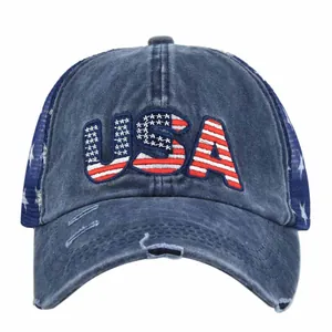 Navy mesh baseball cap with USA flag embroidery and distressed washed denim brim