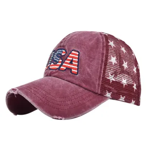 Vintage burgundy USA embroidered baseball cap with mesh back and American flag design