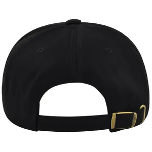 Close-up of black baseball cap back with adjustable strap and vintage metal buckle