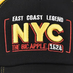 Black baseball cap with 3D yellow NYC embroidery and white East Coast Legend text