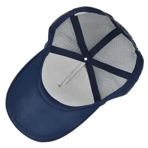 Inside view of navy mesh baseball cap showing reinforced seams and breathable fabric