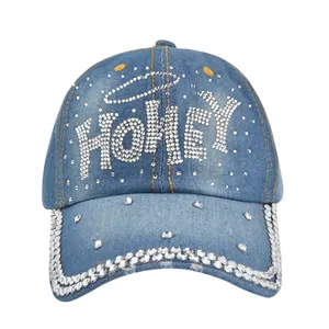 Light blue denim baseball cap with rhinestone HONEY design and crystal-studded brim
