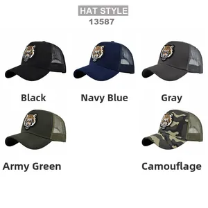 Tiger head embroidery trucker hats in black, navy, grey, green, and camo mesh styles