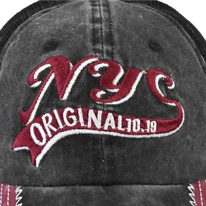 Vintage NYS bestickte Baseballkappe aus gewaschenem schwarzen Segeltuch mit Mesh-Rückseite