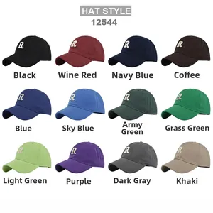 Grid view of letter R embroidered baseball caps in 12 assorted colors with curved brims