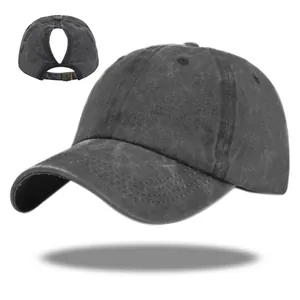 Casquette de baseball en coton délavé avec trou queue de cheval et style vintage