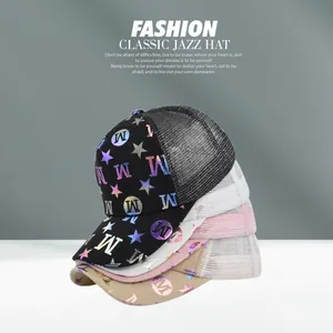 Multiple colors of mesh trucker hats with metallic M and star print details