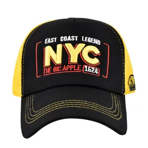 Black and yellow NYC trucker hat featuring 3D embroidery and mesh back panel