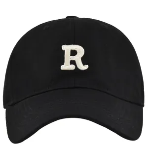 Classic black baseball cap with white embroidered R letter and curved brim for unisex wear