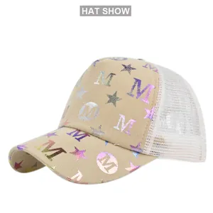 Detail of printed trucker hat with colorful metallic M logo and breathable mesh back