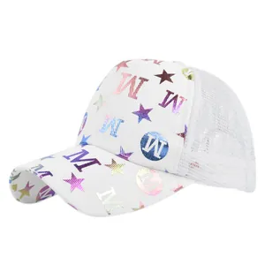 Close-up of white trucker cap with colorful iridescent M letter and breathable mesh