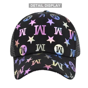 Close-up of mesh fabric detail and rainbow M logo print on the black baseball cap