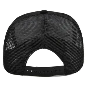 Adjustable black mesh trucker hat with snapback closure for breathable outdoor wear