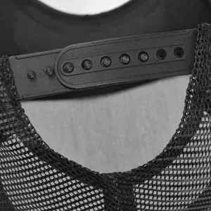 Detail of black snapback closure and breathable mesh material on the baseball cap