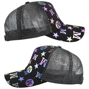 Close-up of black mesh trucker hat featuring colorful gradient metallic star and M logo