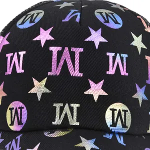 Black trucker cap with holographic laser print featuring stars and M letters