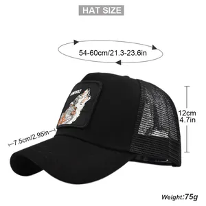 Detailed measurement guide for black wolf patch trucker hat showing dimensions and hat size