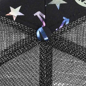 Macro shot of printed star pattern on black canvas and breathable mesh back of cap