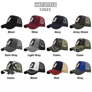 Mesh trucker hat collection with embroidered wolf animal patches in 12 assorted colors