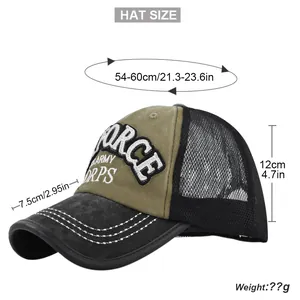 Detailed size guide for Air Force mesh trucker hat with military embroidery