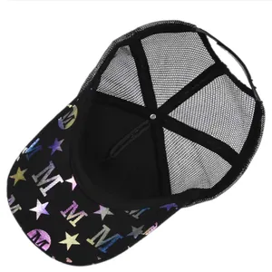 Detail of black trucker hat with breathable mesh and gradient color M star logo print