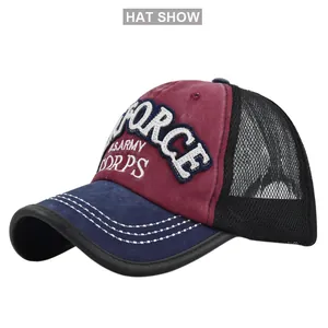 Detail of AIR FORCE 3D embroidery on mesh baseball cap with contrast brim and stitching