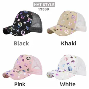Detail showing breathable mesh trucker hats in black, khaki, pink, and white colorways