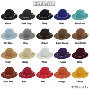 Fedora wool felt hats with gold chain and tassels in twenty diverse colors on white
