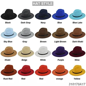 Classic wide brim fedora hats in 20 assorted colors with sleek black leather belts