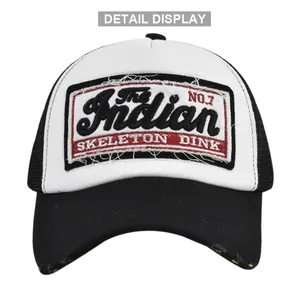 Close-up of vintage trucker hat with mesh back and embroidered patch detail