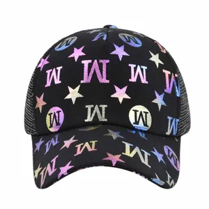 Black mesh trucker hat with iridescent rainbow M and star print designs
