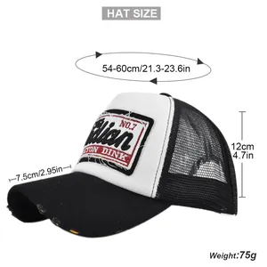 Detail view of trucker hat featuring vintage embroidery and breathable mesh dimensions