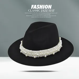 Chapeau Fedora à Large Bord pour Femme Élégant Chapeau Jazz en Feutre de Laine Avec Décoration de Bande de Perles Chapeau de Soleil Vintage pour Hommes Femmes