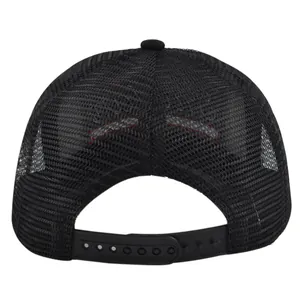 Rear view of black mesh trucker hat featuring breathable panels and adjustable snapback closure