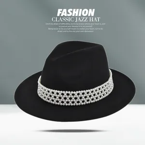 Women Men Vintage Fedora Hat With Pearl Mesh Band Wide Brim Solid Color Wool Felt Jazz Hat Elegant Fashion Party Dress Hat